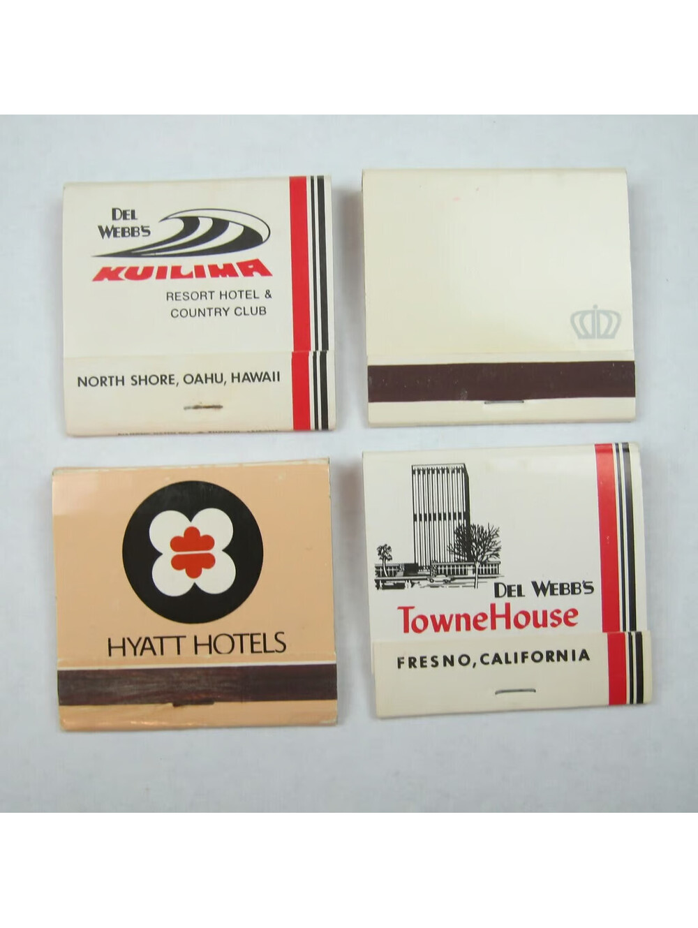 4 Matchbooks Del Webb's Kuilima Hawaii TowneHouse CA Crown Center Hotel MO Hyatt